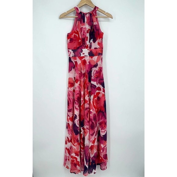 Eliza J Floral Print Halter Maxi Dress Chiffon Sleeveless Long Formal Gown Pink - Picture 5 of 13
